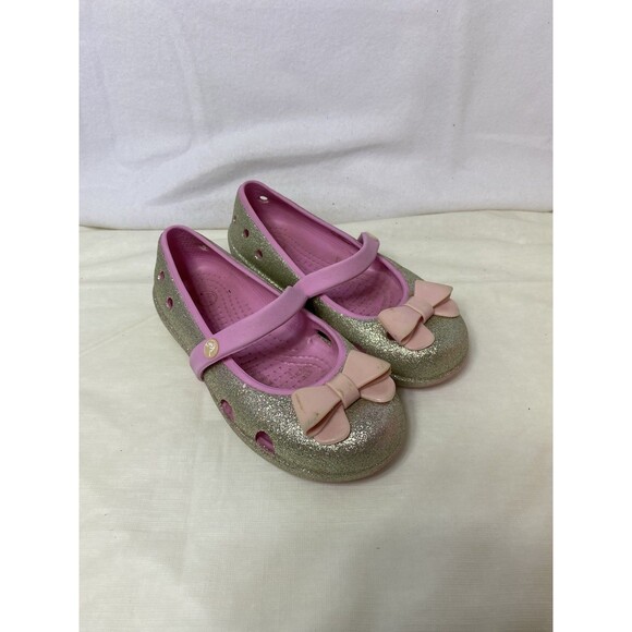 Crocs Girls Toddler Shoes Mary Janes Bow Slip-on Size C 12 Pink Silver Glitter - Picture 1 of 7